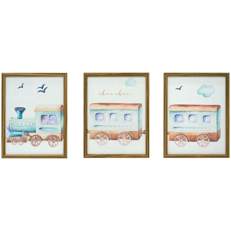 Mindy Brownes Choo Choo Train 33cm x 43cm Picture (Set Of 3) Dark Wood Frame