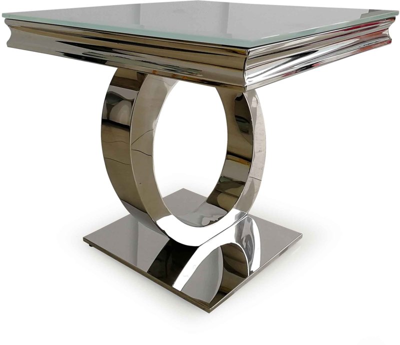 Orion Lamp/Side Table Stainless Steel & White Glass Top