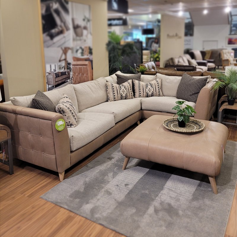 Alexander & James Haven 4+ Corner Sofa Leather & Fabric Mix With Scatter Cushions Taupe Lifestyle