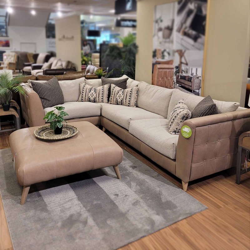 Alexander & James Haven 4+ Corner Sofa RHF Leather & Fabric Mix With Scatter Cushions Taupe