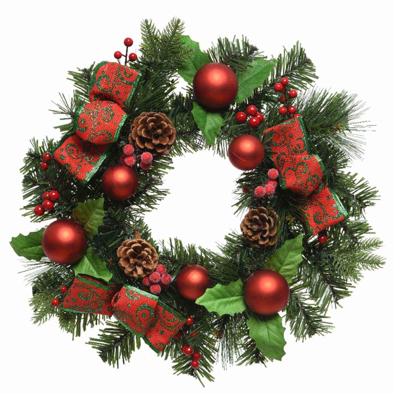 Decorated Wreath With Bows, Baubles, Holly, Berries & Pinecones Green & Red 30cm