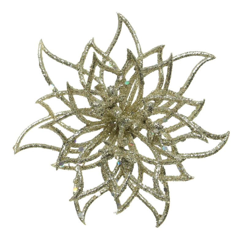 Decorative Poinsettia With Glitter On Clip Champagne