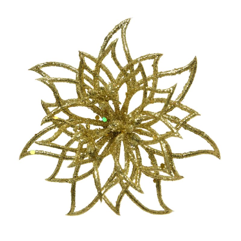 Decorative Poinsettia On Clip With Glitter Gold 14cm 