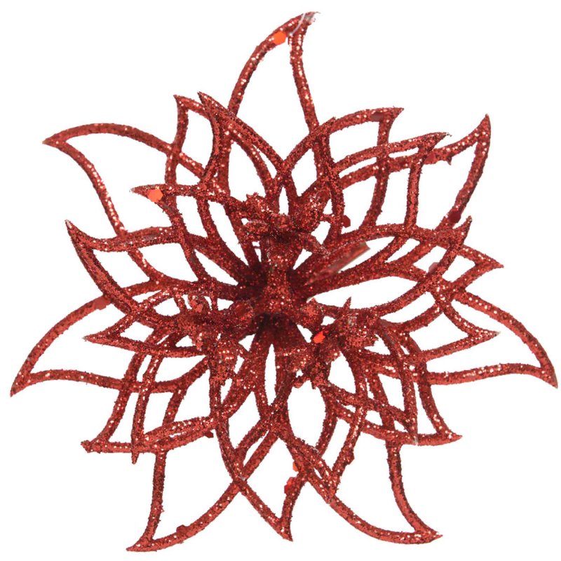 Decorative Poinsettia On Clip With Glitter Red 14cm