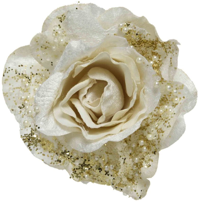 Decorative Rose With Beads & Glitter On Clip White & Gold