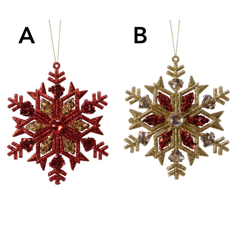 Snowflake Hanging Decoration With Glitter Red/Gold Or Gold/Red 14cm (Choice of 2)