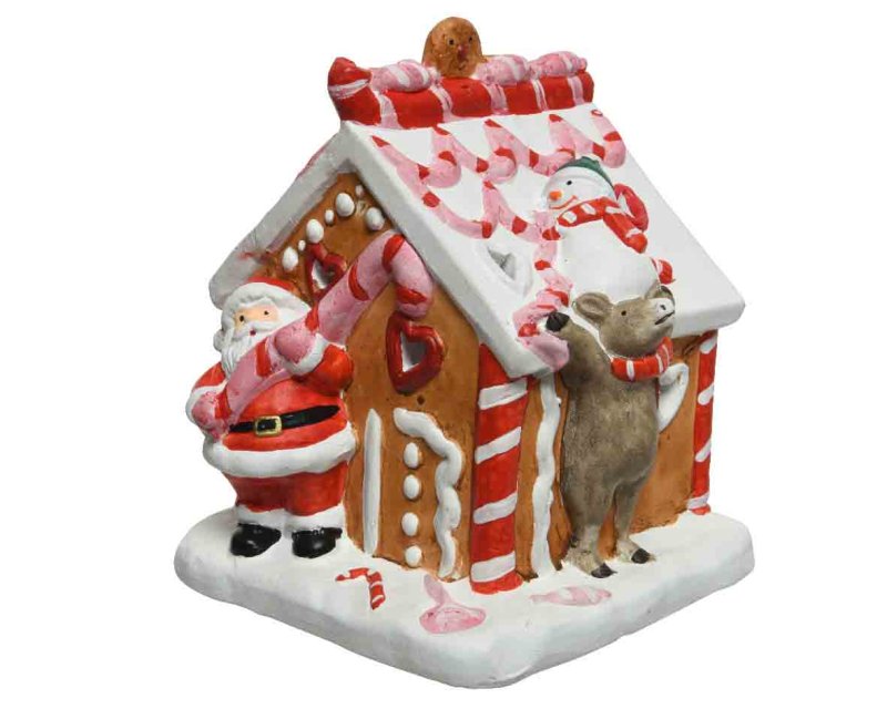 Terracotta Gingerbread House With Santa & Rudolph Multicoloured 18cm