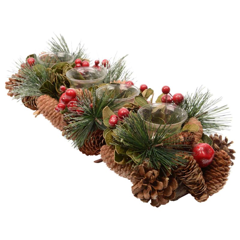 Christmas Berry Tealight Holder With Pinecones Green & Red 47cm