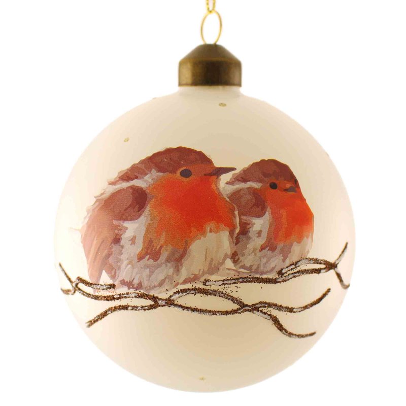 Glass Bauble With Robins Off-White 10cm