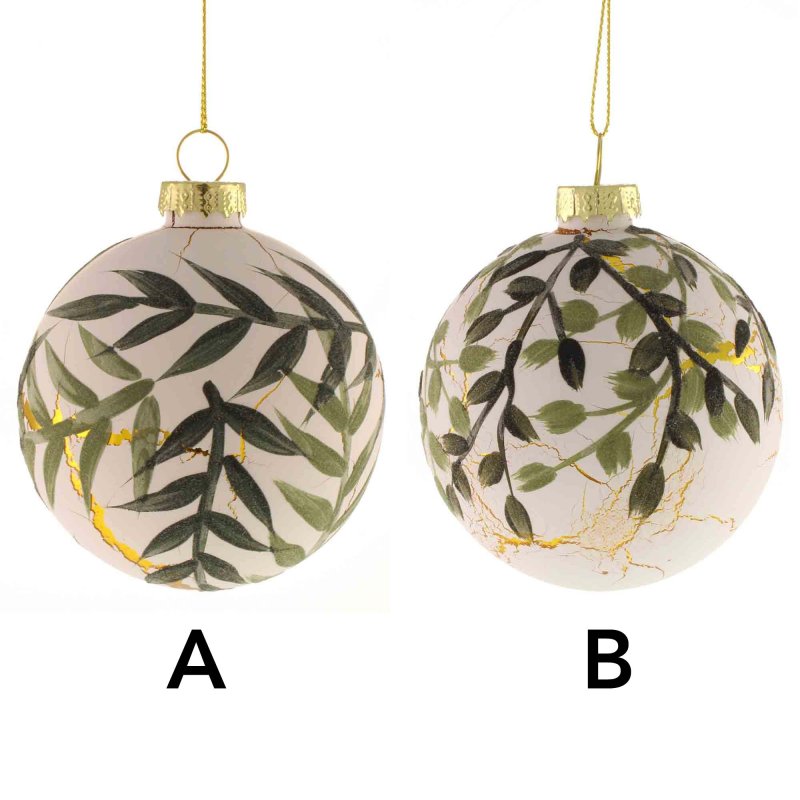 Glass Bauble With Greenery & Crackle Effect Green & Gold (Choice of 2)