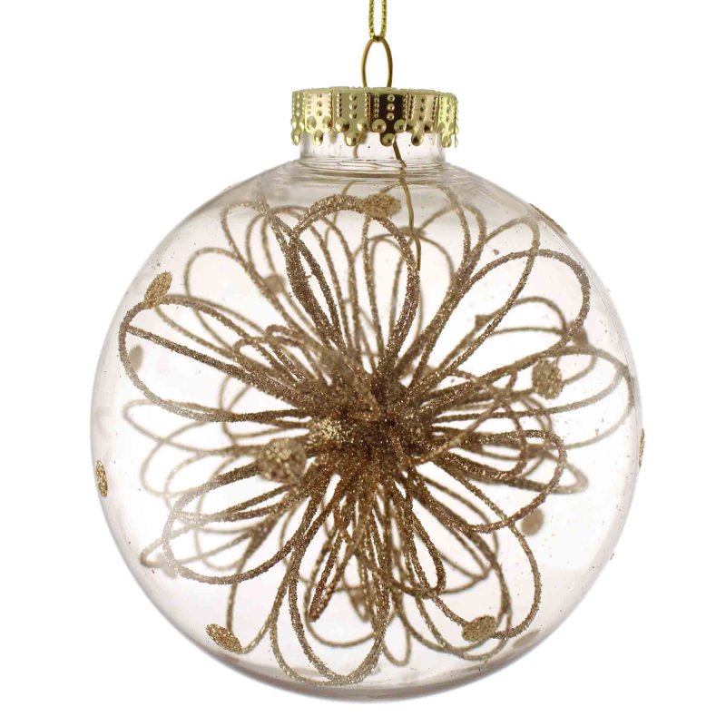 Clear Bauble With Glittered Flower Gold