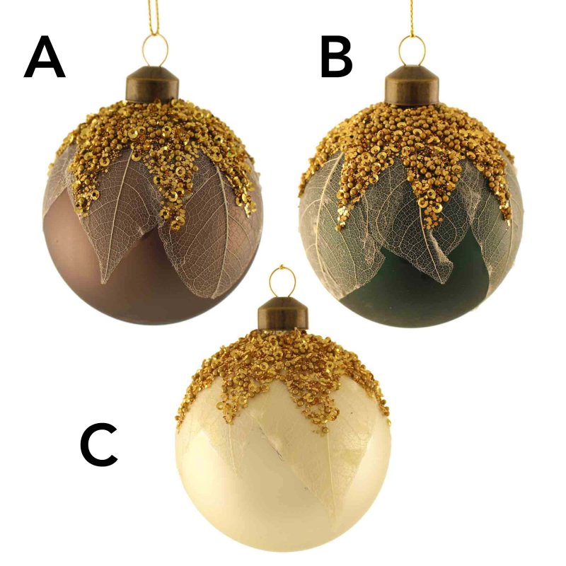 Glass Delicate Leaf Bauble With Glitter Brown/Gold or Green/Gold or Cream/Gold (Choice of 3)