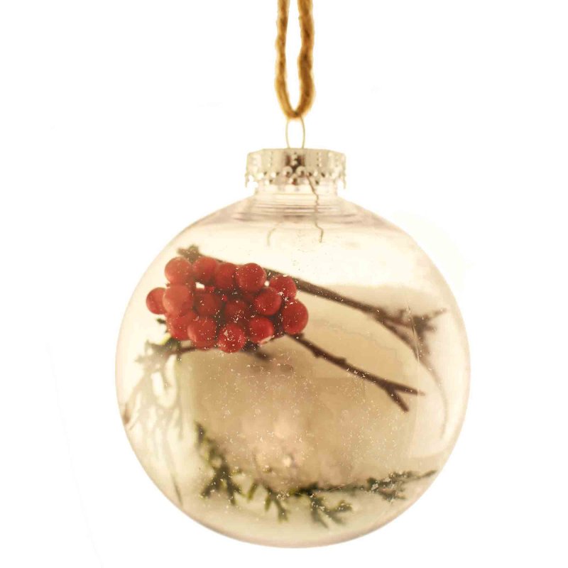 Clear Bauble With Snow, Fern & Berries White Green & Red 10cm