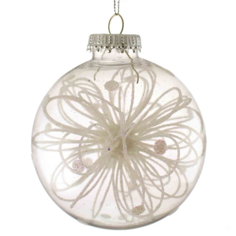 Clear Bauble With Glittered Flower White