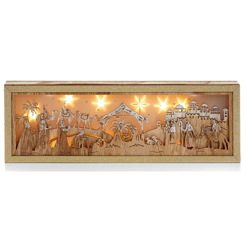 Wooden Nativity Scene With Lights 43cm