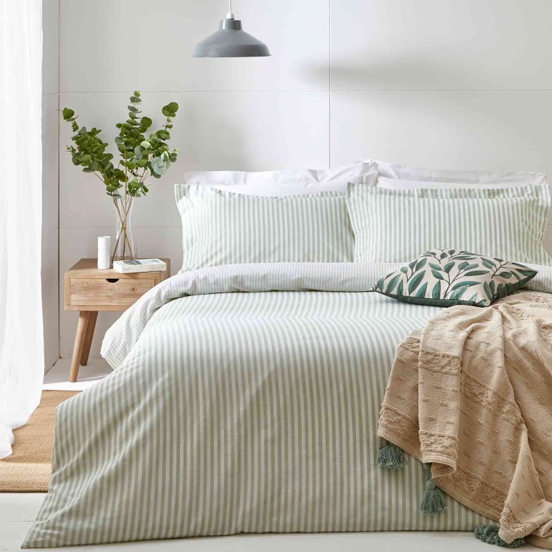 The Linen Yard Hebden Melange Stripe Reversible Single Duvet Cover Set Eucalyptus Green