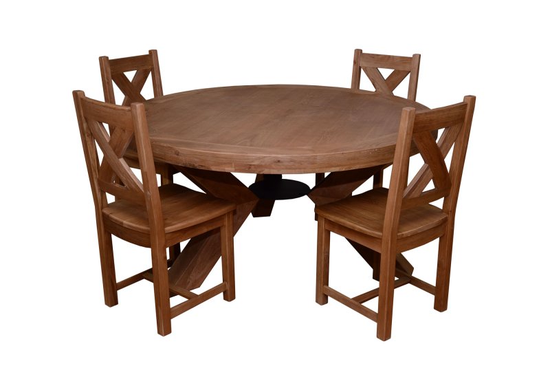Triomphe Weathered Oak 6 Person Round Dining Table + 4 Dining Chairs