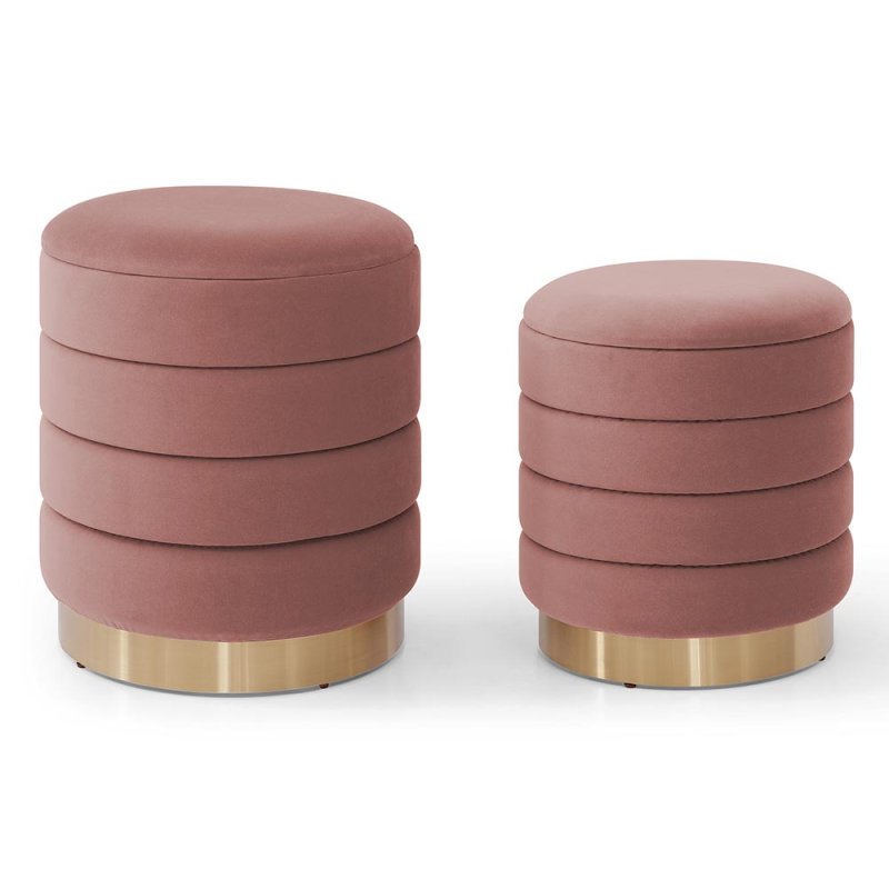 Round Padded Storage Footstools Fabric Blush Pink (Set of 2)