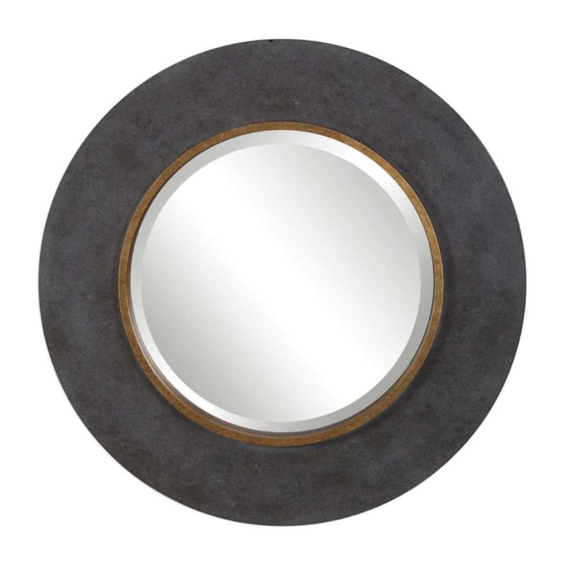 Mindy Brownes Saul Round Mirror Grey Wood Frame with Brass Accents