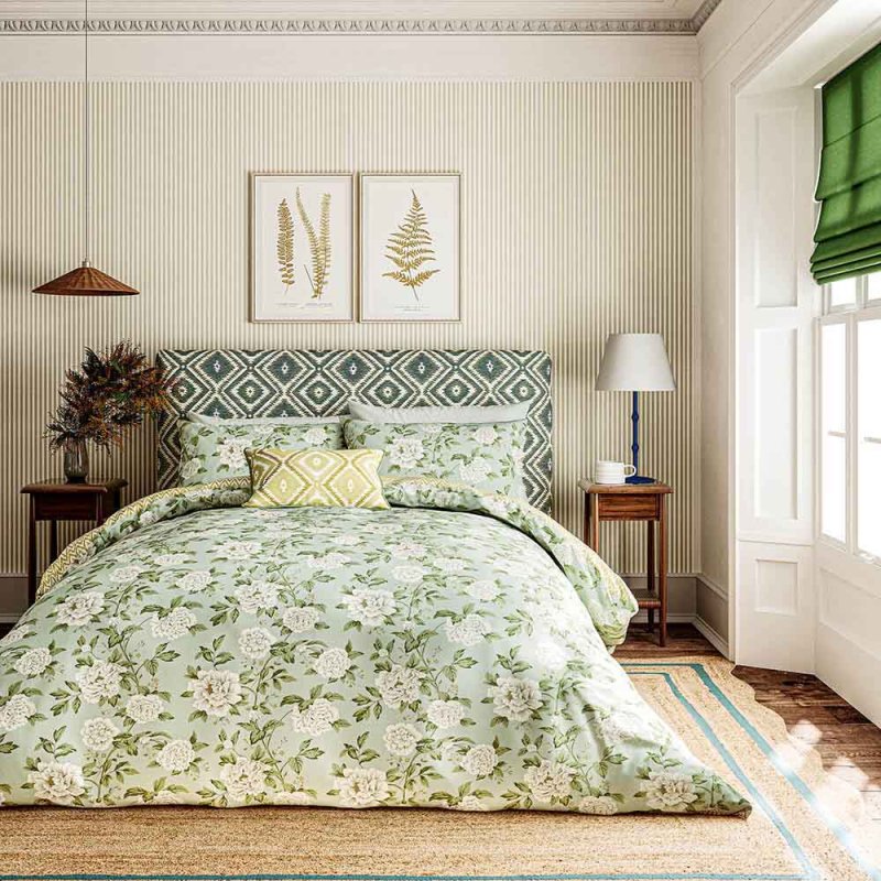 Sanderson Summer Peony Reversible Single Duvet Cover Set Light Green