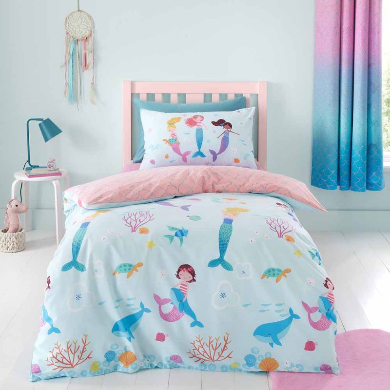 Catherine Lansfield Mermaid Reversible Single Duvet Cover Set Blue & Pink