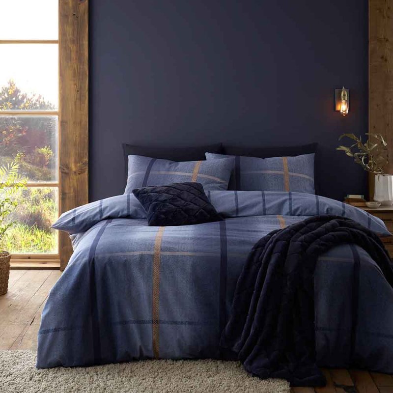 Catherine Lansfield Melrose Brushed Cotton Tweed Check Reversible Single Duvet Cover Set Blue