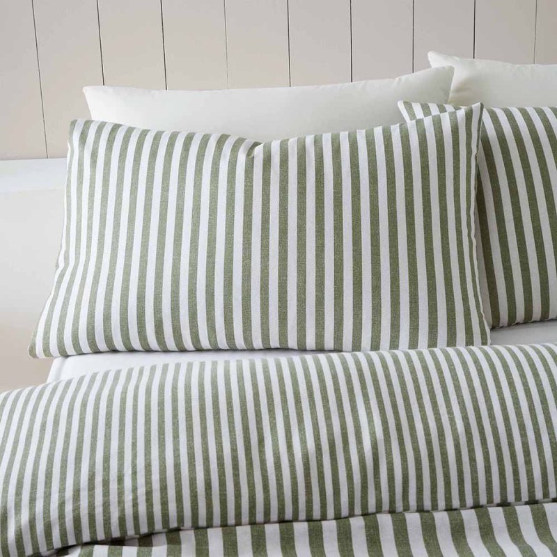 Catherine Lansfield Stripe Brushed Cotton Single Duvet Cover Set Green Pillow