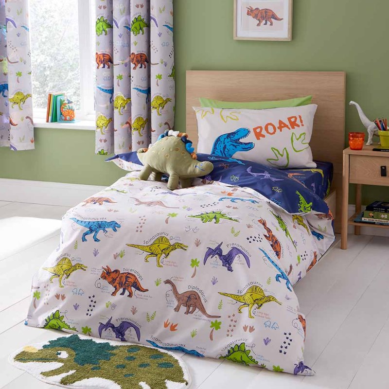 Catherine Lansfield Prehistoric Dinosaur Reversible Single Duvet Cover Set Natural & Blue