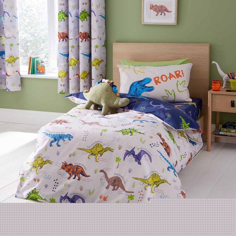 Catherine Lansfield Prehistoric Dinosaur Reversible Double Duvet Cover Set Natural & Blue