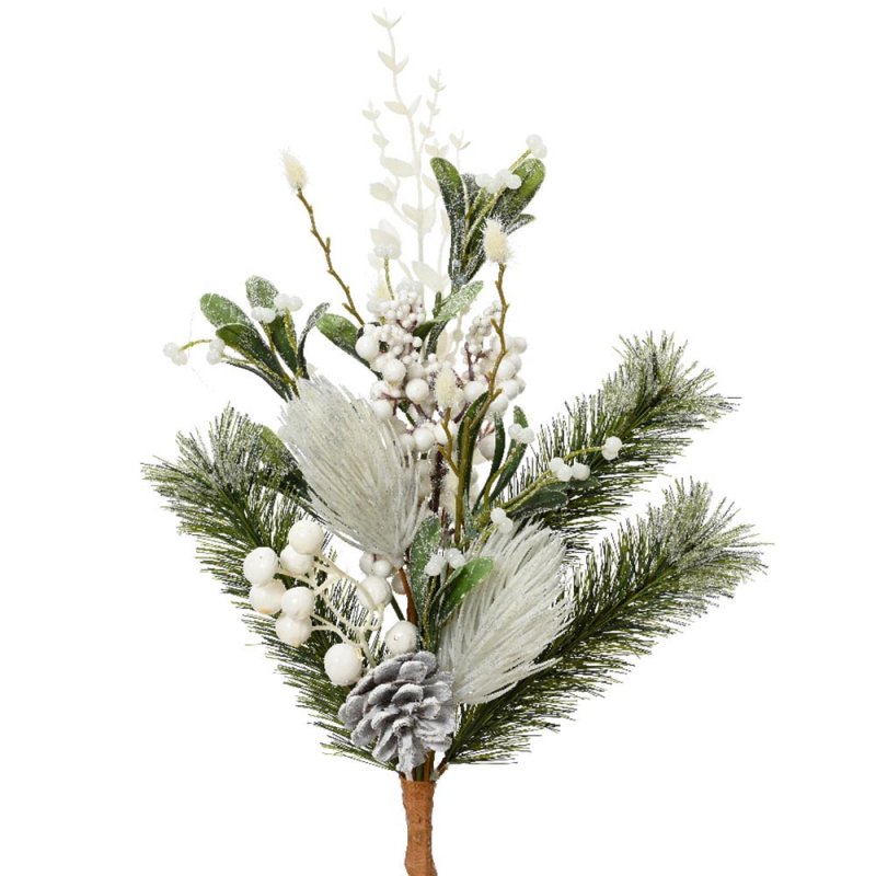 Frosted Branch With Berries & Pinecones White & Green 15cm