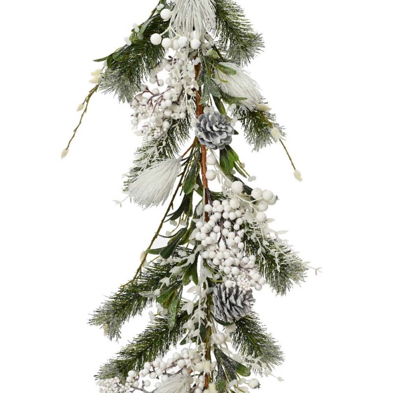 Frosted Garland With Berries & Pinecones White & Green 6ft/180cm
