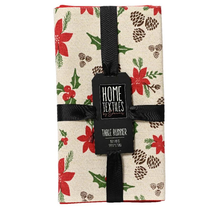 Table Runner With Pinecones & Flowers White & Red 150cm x 30cm