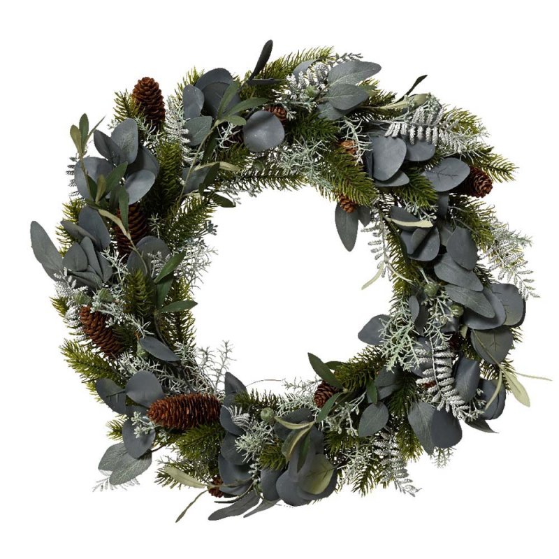 Modern Wreath With Silver Leaves & Pinecones 40cm