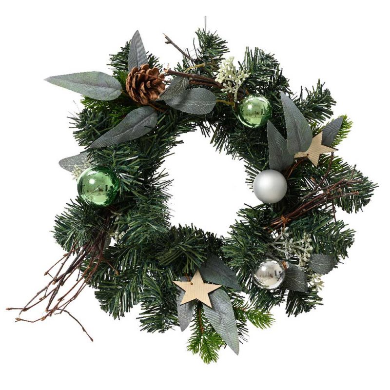 Wreath With Baubles, Pinecones & Wooden Star 30cm