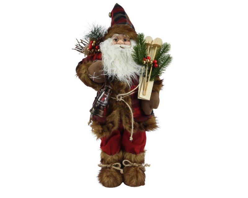 Santa With Tartan Coat, Fur & Skis Red 30cm