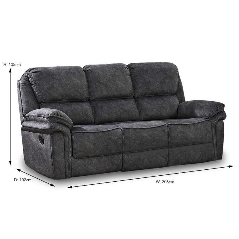 Savannah 3 Seater Manual Reclining Sofa Fabric Dark Grey Dimensions