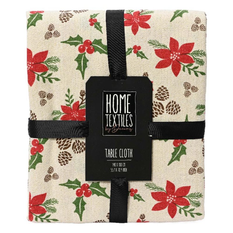 Table Cloth With Pinecones & Flowers White & Red 180cm x 140cm