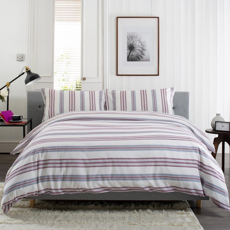 THE LYNDON COMPANY Magnate Brushed Cotton Stripe Double Duvet Cover Set Red & Blue