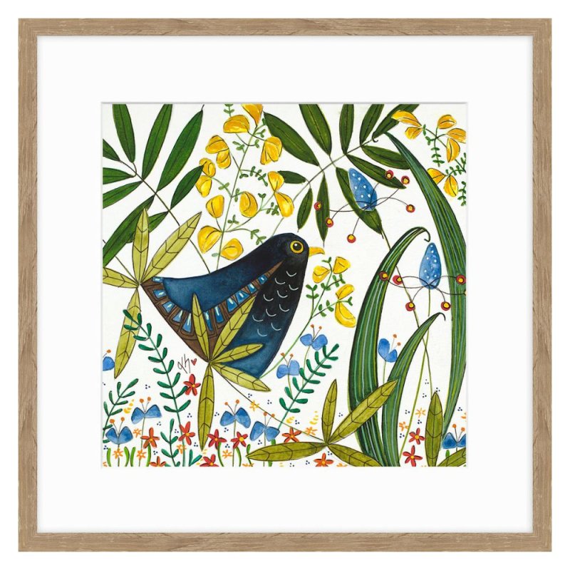 ARTKO Blackbird in Hedgerow 42cm x 42cm Picture By Soft Fields Beige Frame