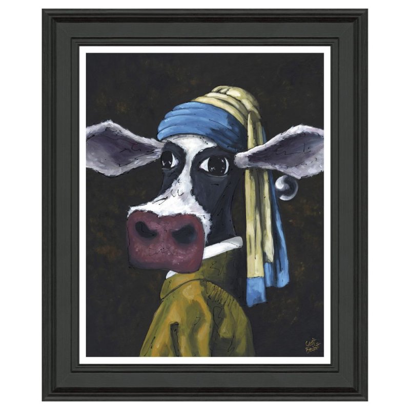 ARTKO Cow With A Pearl Earring 49cm x 59cm Picture By Geoff Backett Black Frame