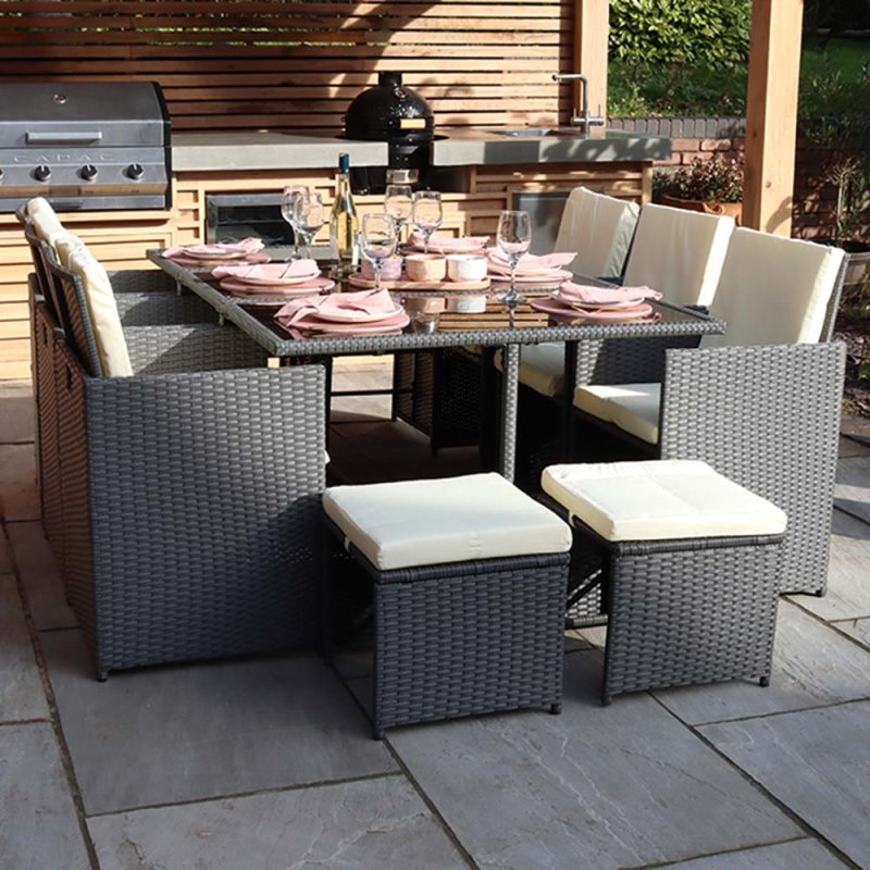 Royalcraft Canne 10 Person Cube Outdoor Rattan Dining Table & Chair Set Grey
