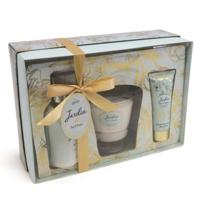 Tipperary Crystal Jardin Candle, Hand Cream & Pump Gift Set Pear & Freesia