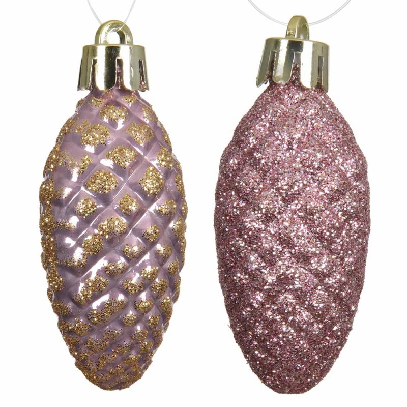Shatterproof Pinecone Baubles Vintage Pink With Glitter In Box 14cm (Set Of 12)