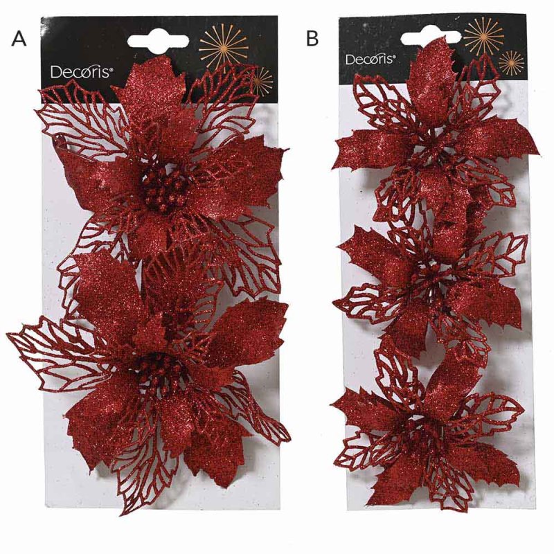 Decorative Poinsettia On Clip Christmas Red Multipe Sizes (Choice of 2)