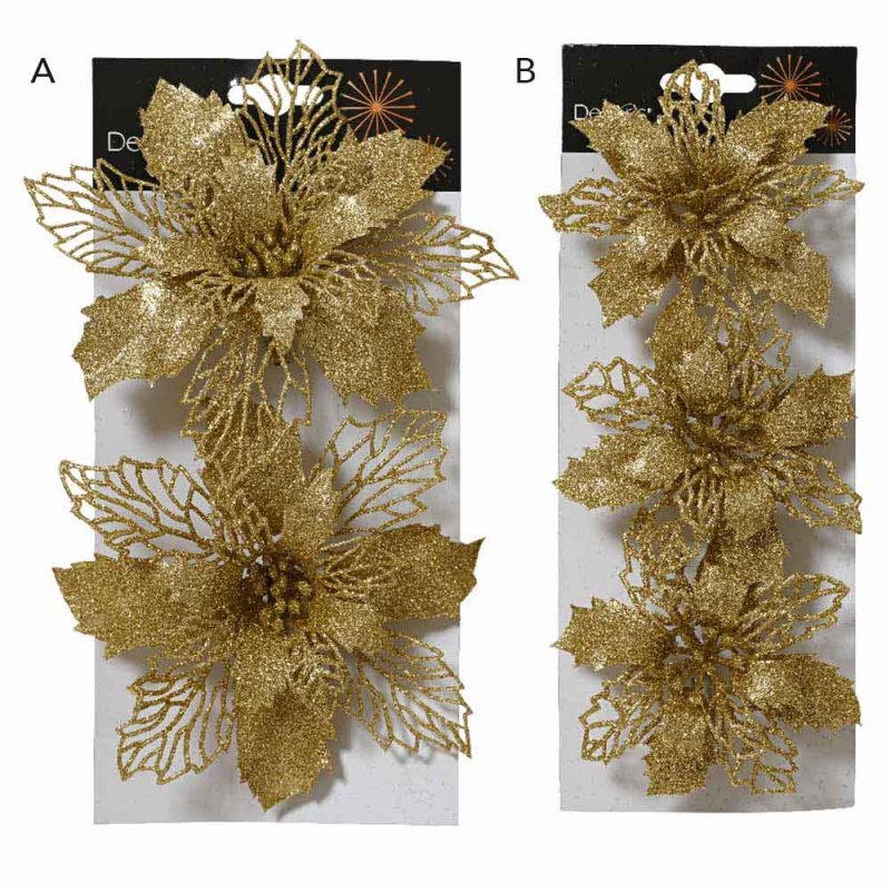 Poinsettia On Clip With Glitter Gold Multiple Sizes (Choice of 2)