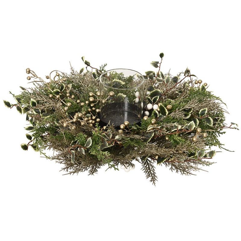 Wreath Candle Holder With Green Leaves & Champagne Balls 42cm