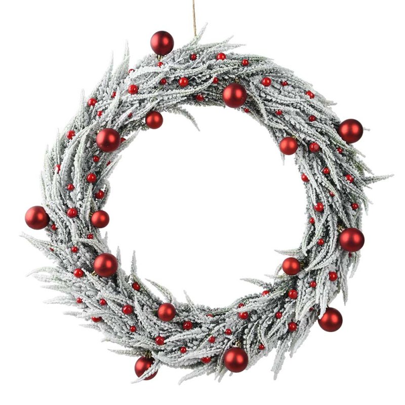 Snowy Wreath With Red Baubles 60cm