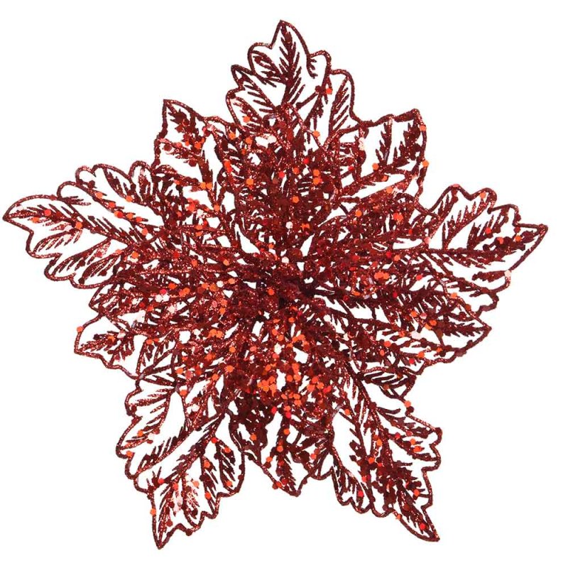 Poinsettia On Clip With Glitter Red 10cm
