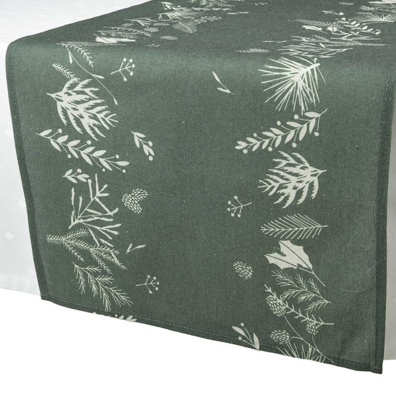 Table Runner With Plant Print Green 40cm x 140cm 1