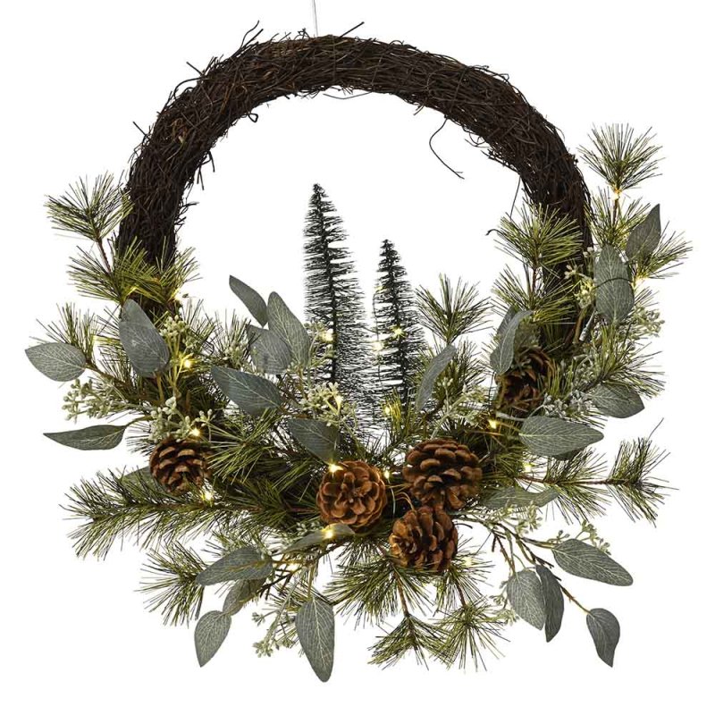 Micro LED Brush Wreath With Pinecones, Eucalyptus Leaves & White Star Flowers 40cm